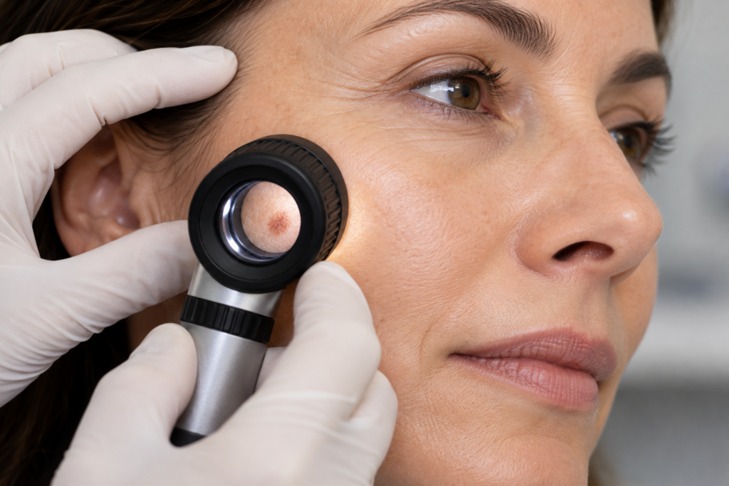Examen d’une lésion cutanée du visage avant chirurgie