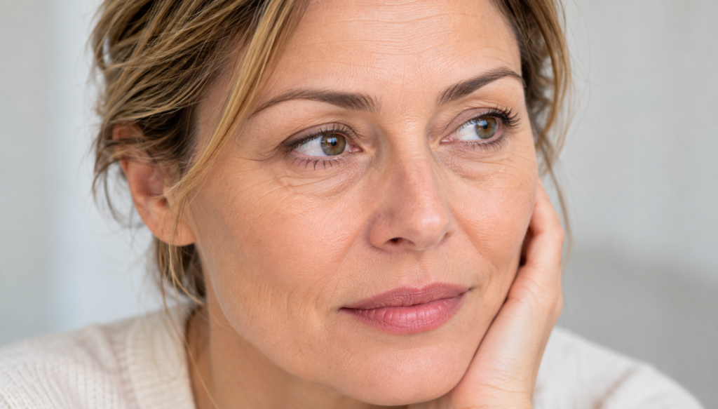 Femme présentant un regard fatigué avant une éventuelle blépharoplastie