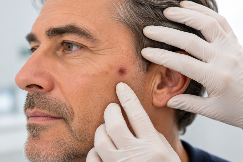 Examen médical d’une lésion cutanée sur la joue gauche d’un homme, illustrant la chirurgie des tumeurs cutanées du visage.